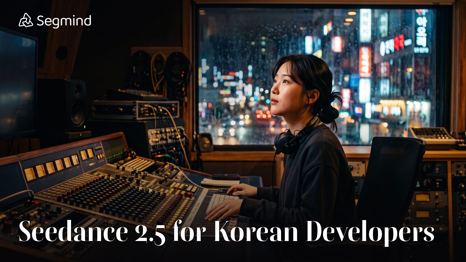 A sound engineer at a mixing desk in a Seoul post-production studio at night, neon street visible through the window