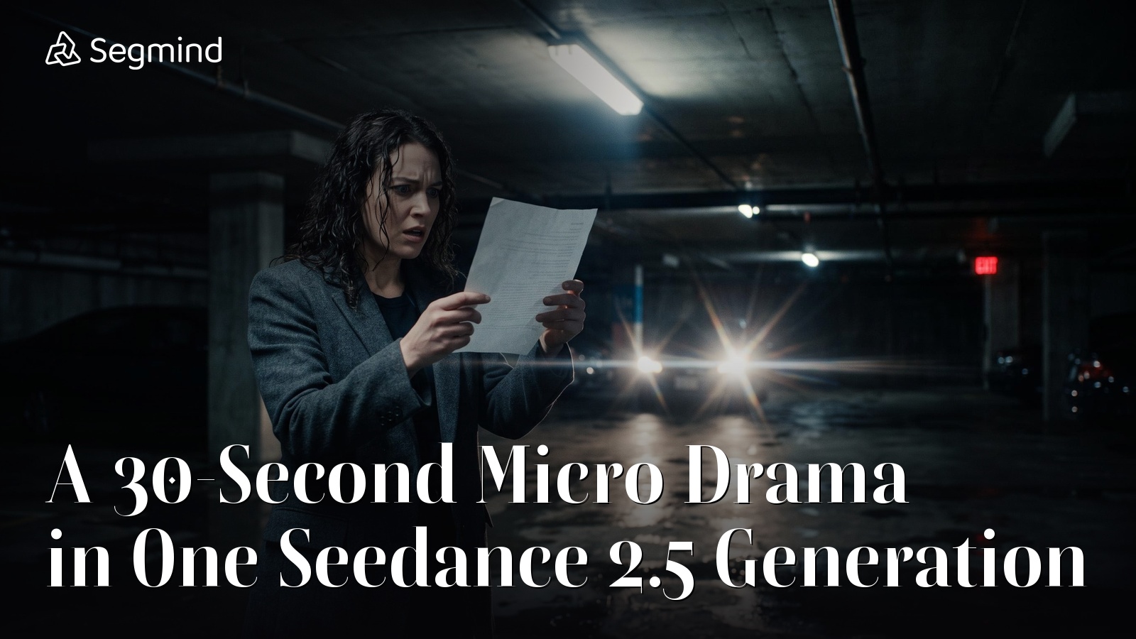 A woman reading a document in an underground parking garage at night, still from a Seedance 2.5 micro drama test