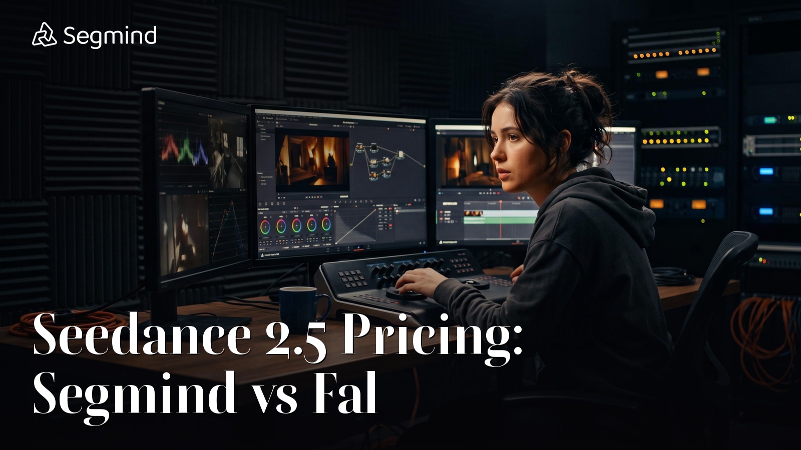 Seedance 2.5 pricing comparison between Segmind and Fal, film editor grading video in a dark colour suite