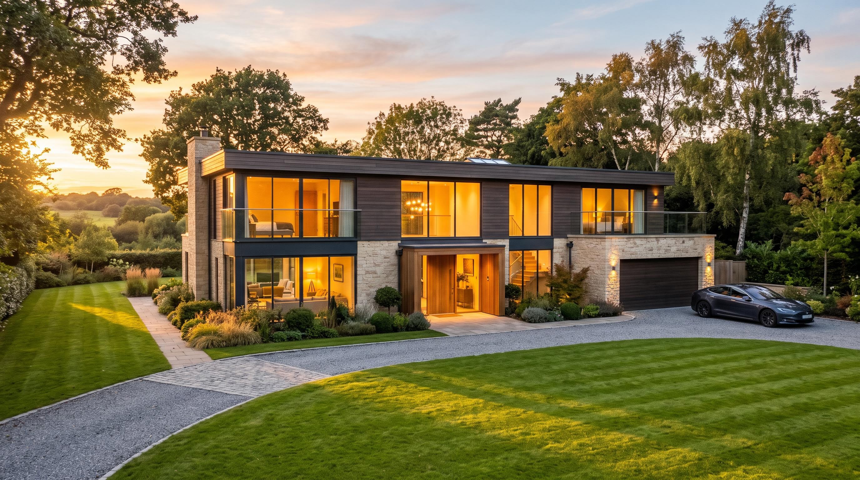 Seedance 2.5 real estate exterior first frame, a modern two storey house at golden hour used to seed a drone reveal shot