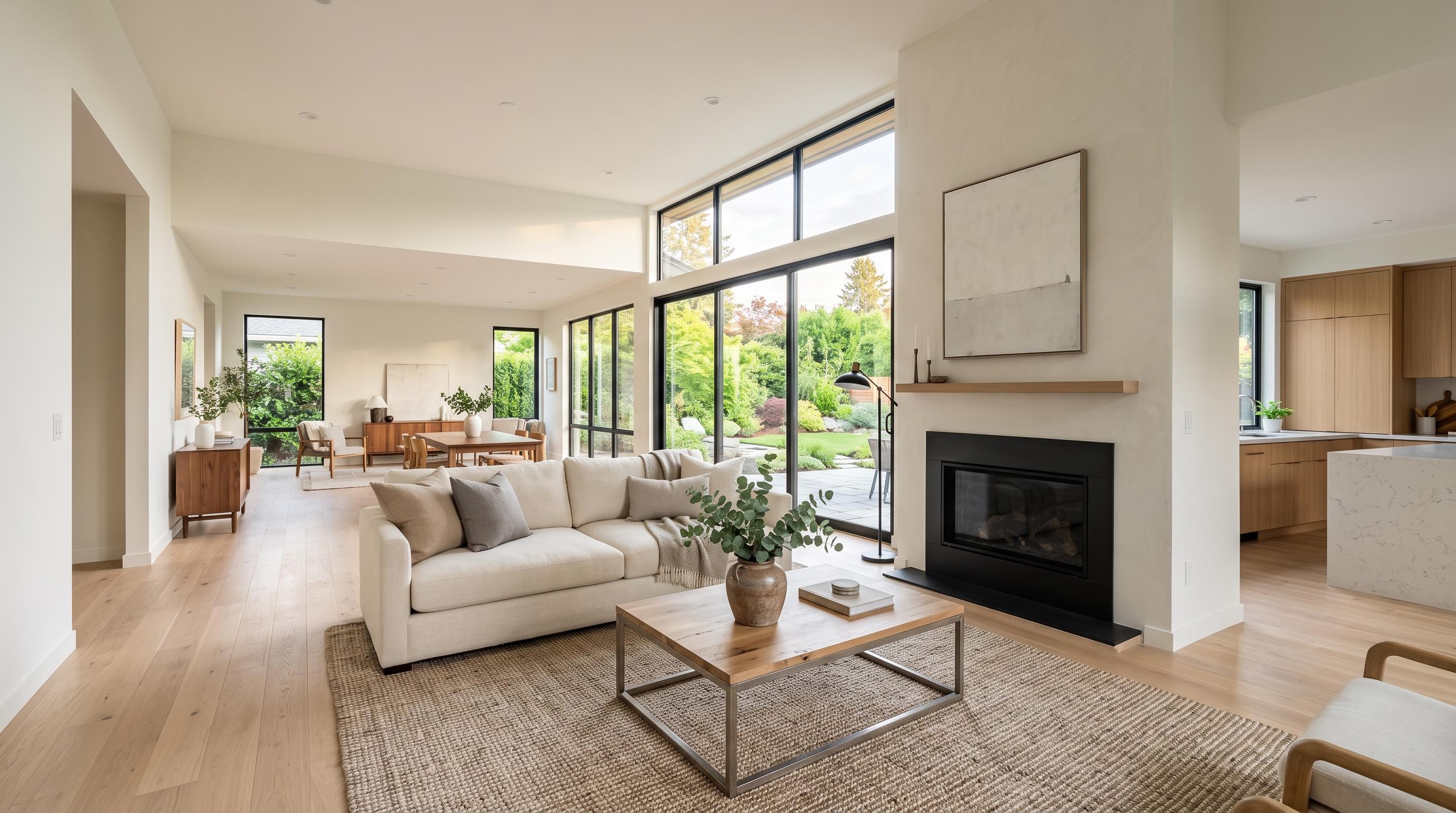 Seedance 2.5 real estate input frame, a modern open plan living room listing photograph used as first_frame_url