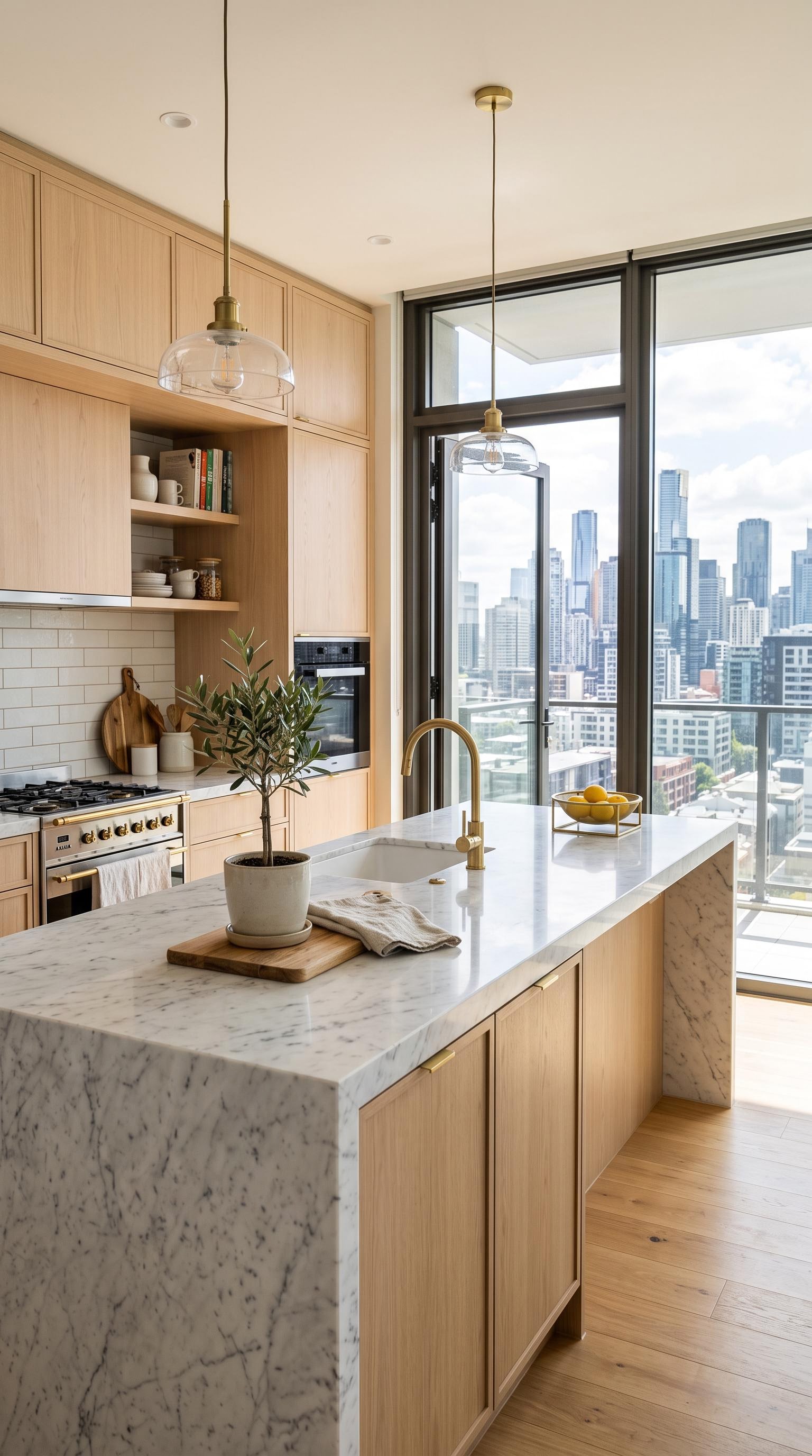 Seedance 2.5 real estate vertical first frame, a sunlit modern kitchen framed 9:16 for a social media property reel