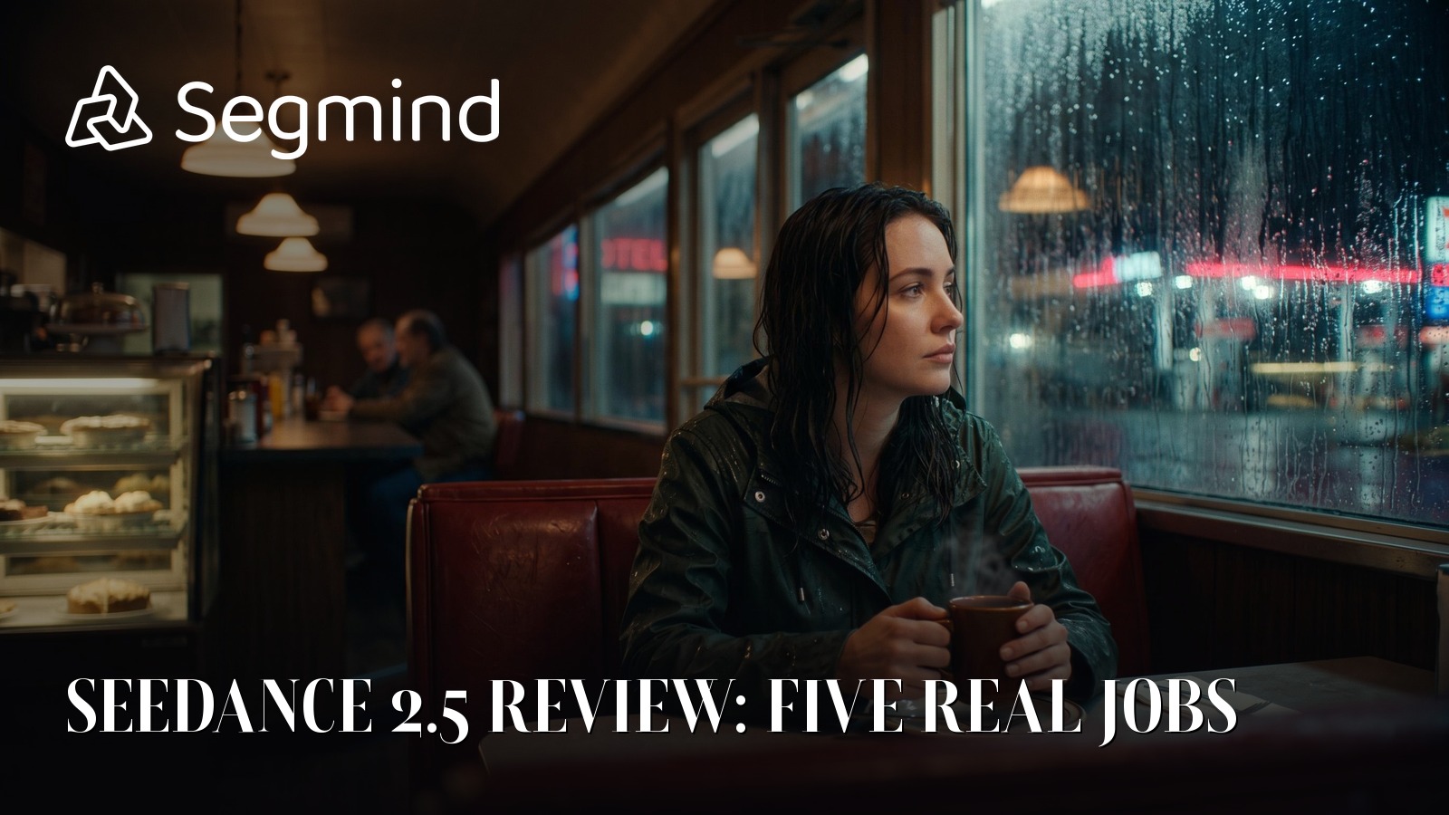 A woman in a rain-soaked green raincoat alone in a night diner booth, featured card for the Segmind Seedance 2.5 review of five real-world jobs