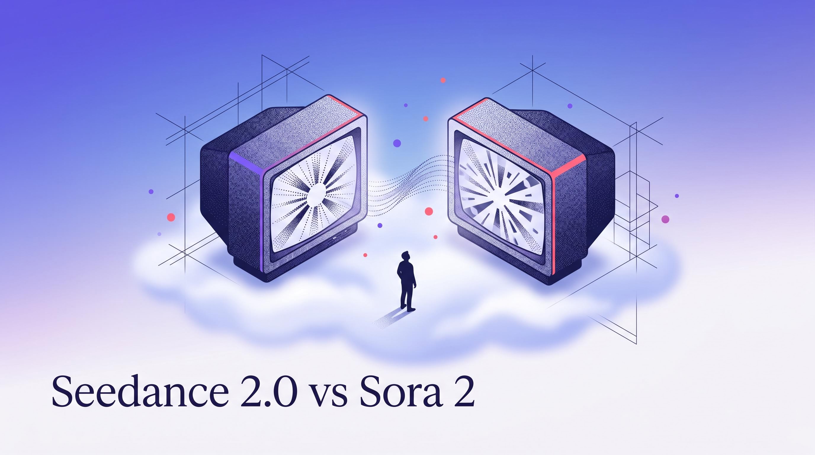 Seedance 2.0 vs Sora 2 brand illustration, two CRT monitors side by side
