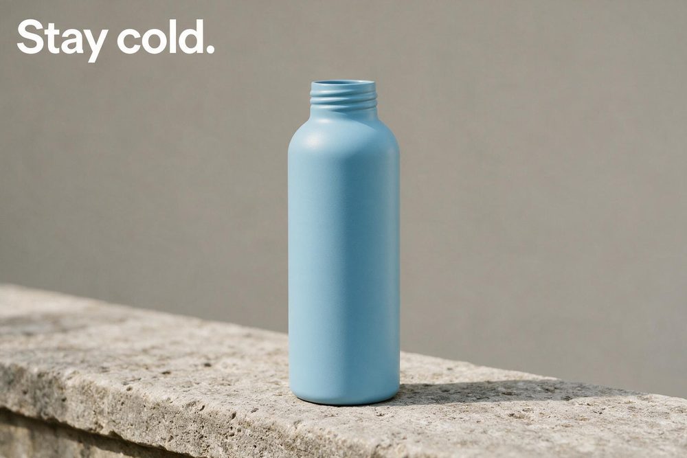 Original ad still: blue bottle on a stone ledge with the tagline Stay cold