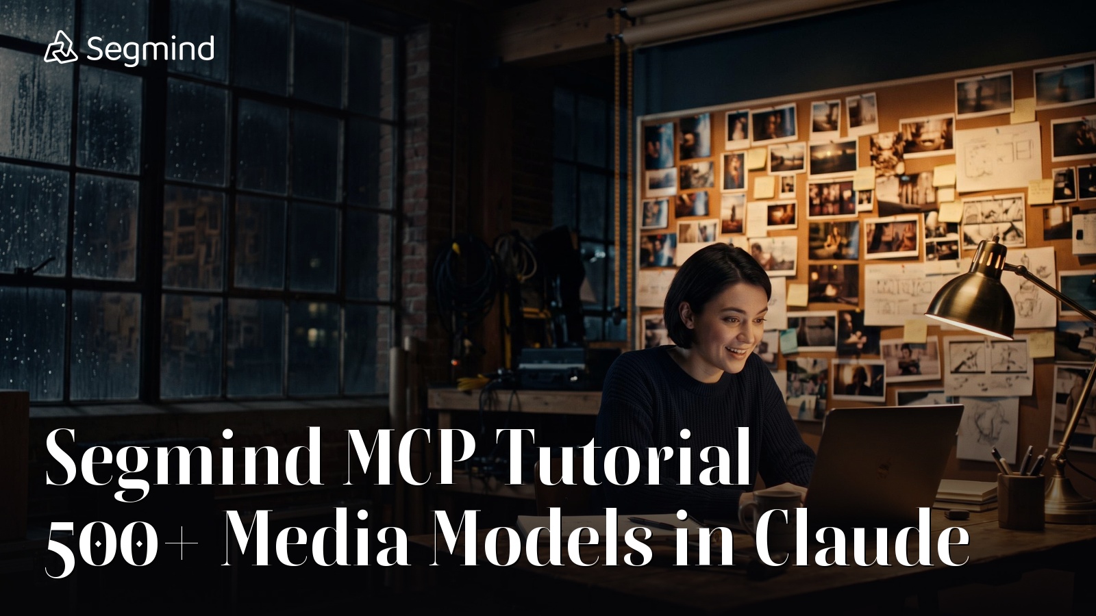 Creative director at a laptop in a night studio, Segmind MCP Tutorial title card