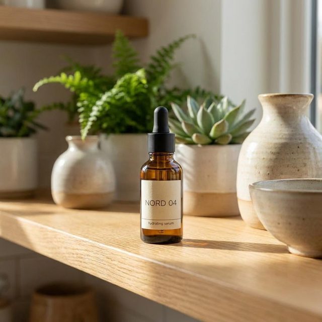 Serum bottle on a kitchen shelf with plants