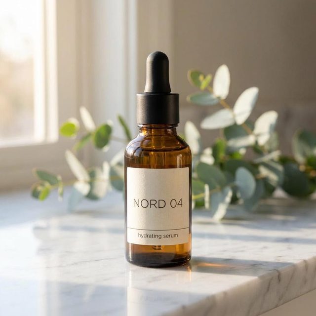 Serum bottle on a marble counter by a window