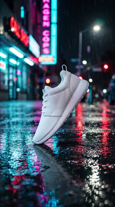 White sneaker on a wet neon-lit street at night