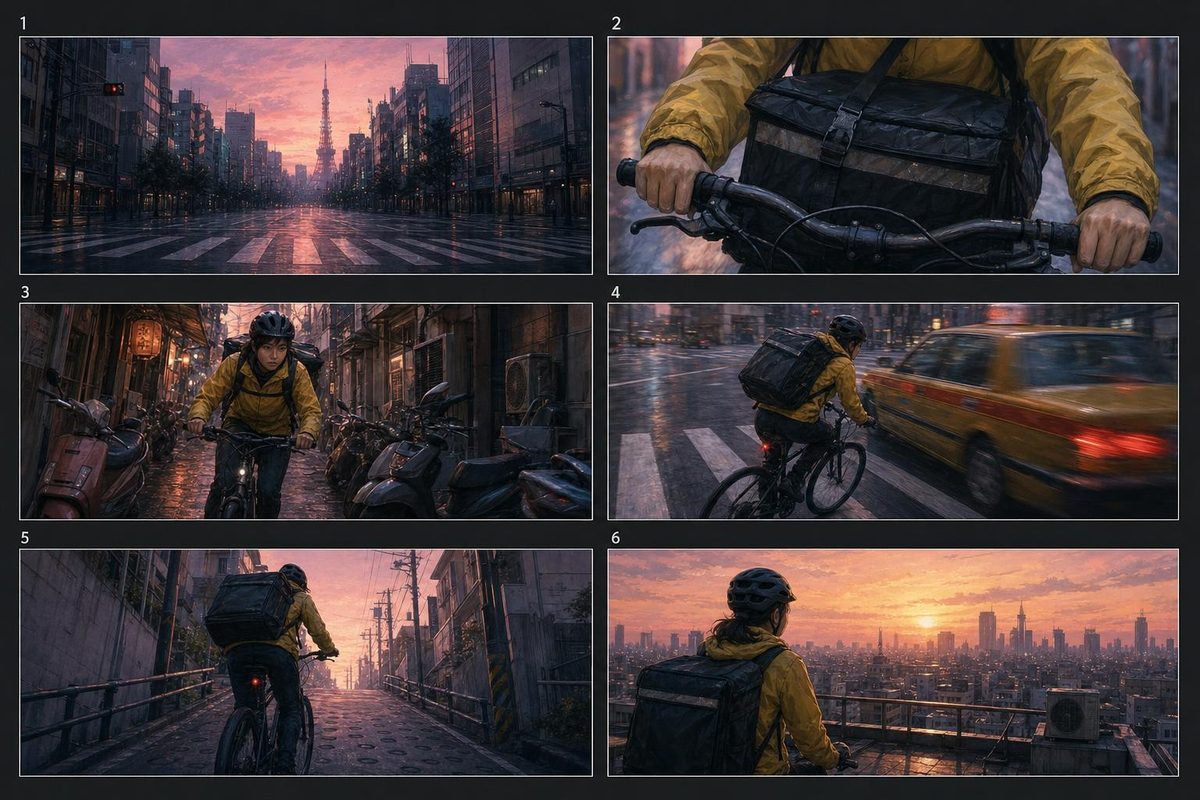 Six-panel storyboard of a courier cycling through Tokyo at dawn