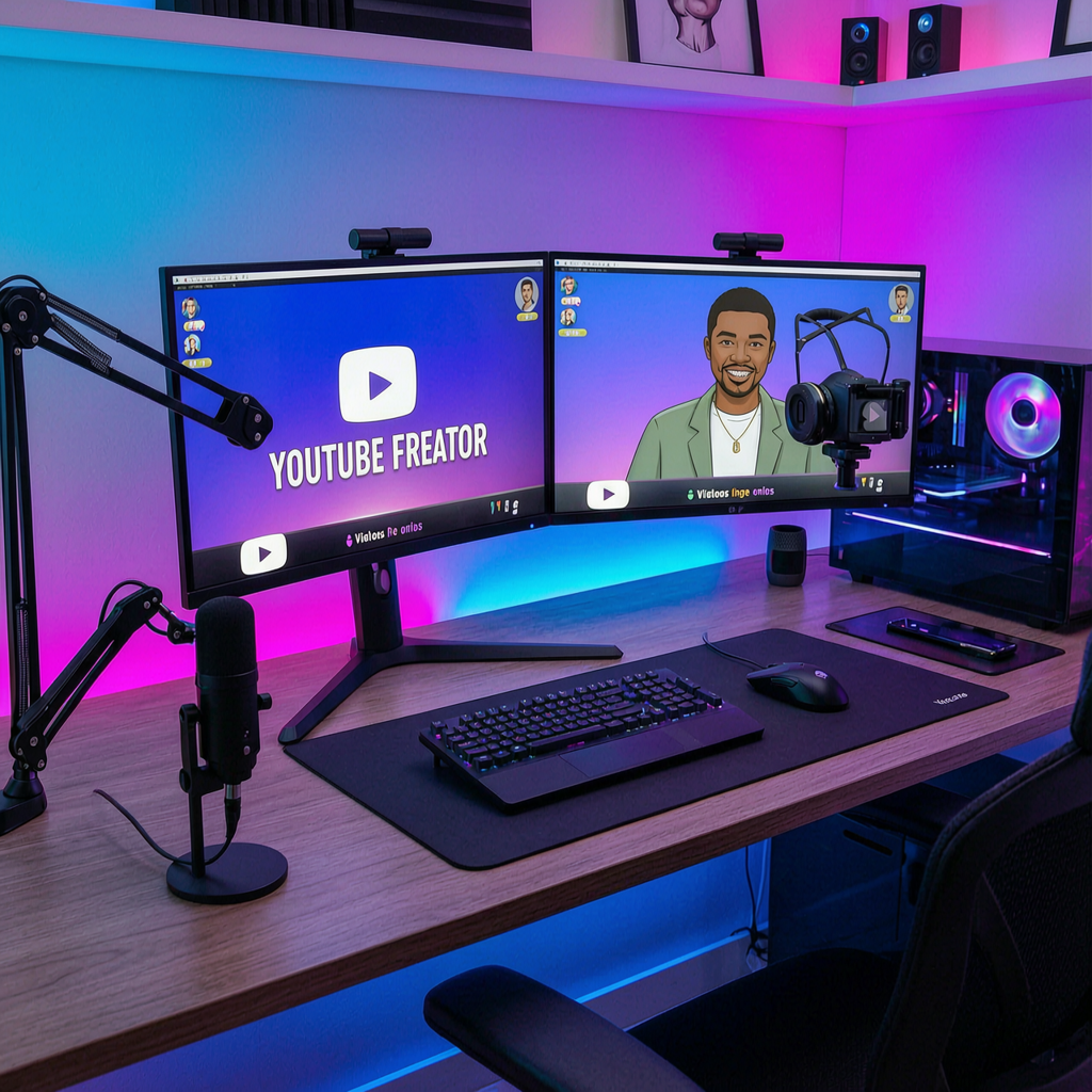 Wan 2.7 generated YouTube creator desk setup for production houses