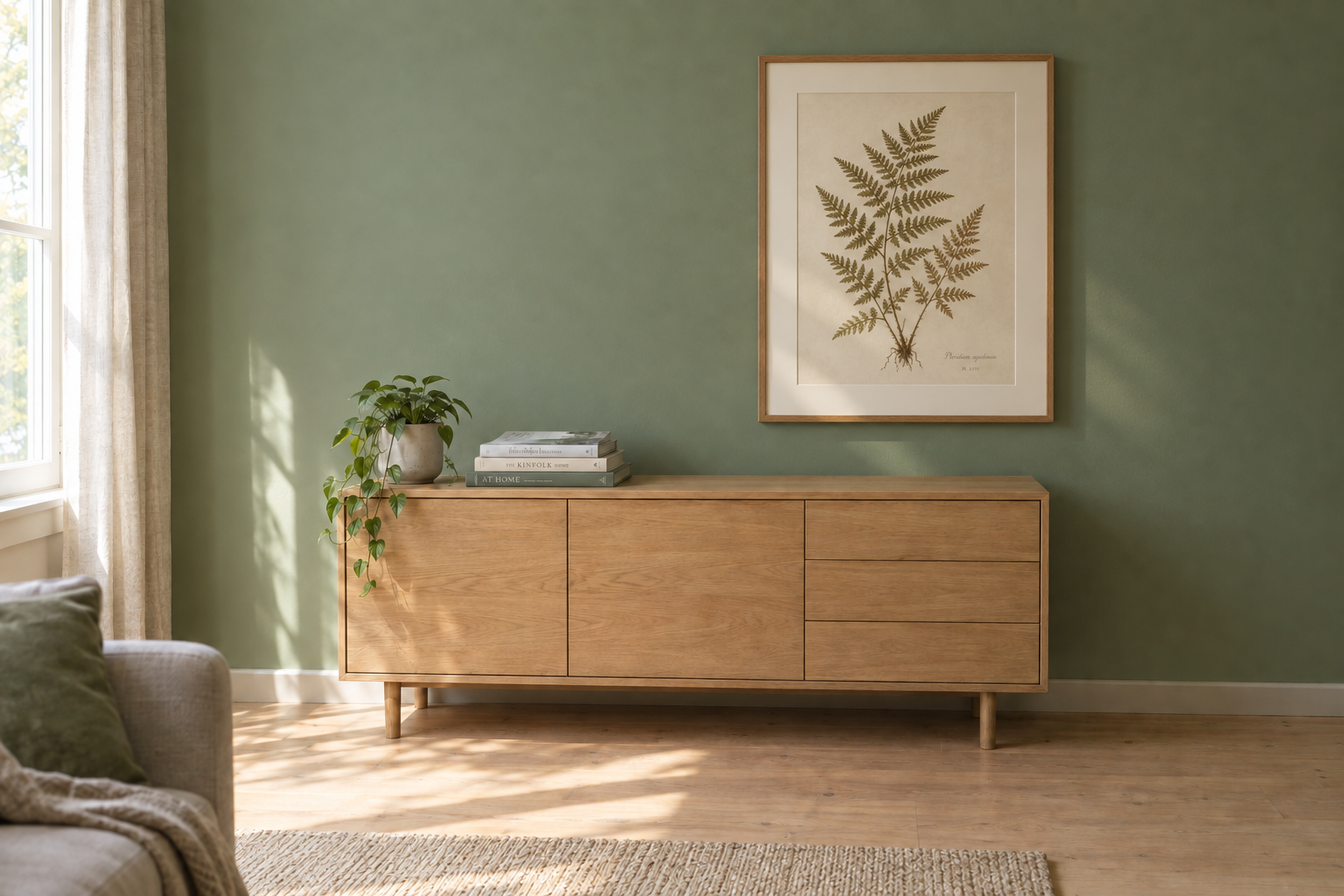 Hang a single large framed botanical print on the bare wall — a dried fern study on cream paper in a slim oak frame with a wide mount. Match the room's soft mo…