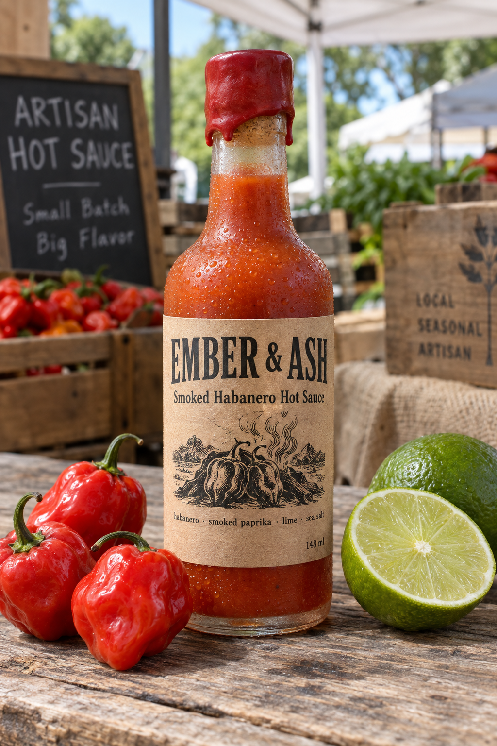 A photoreal product photograph of a frosted glass bottle of artisanal hot sauce standing on a weathered wooden market stall, with three fresh red habanero pepp…