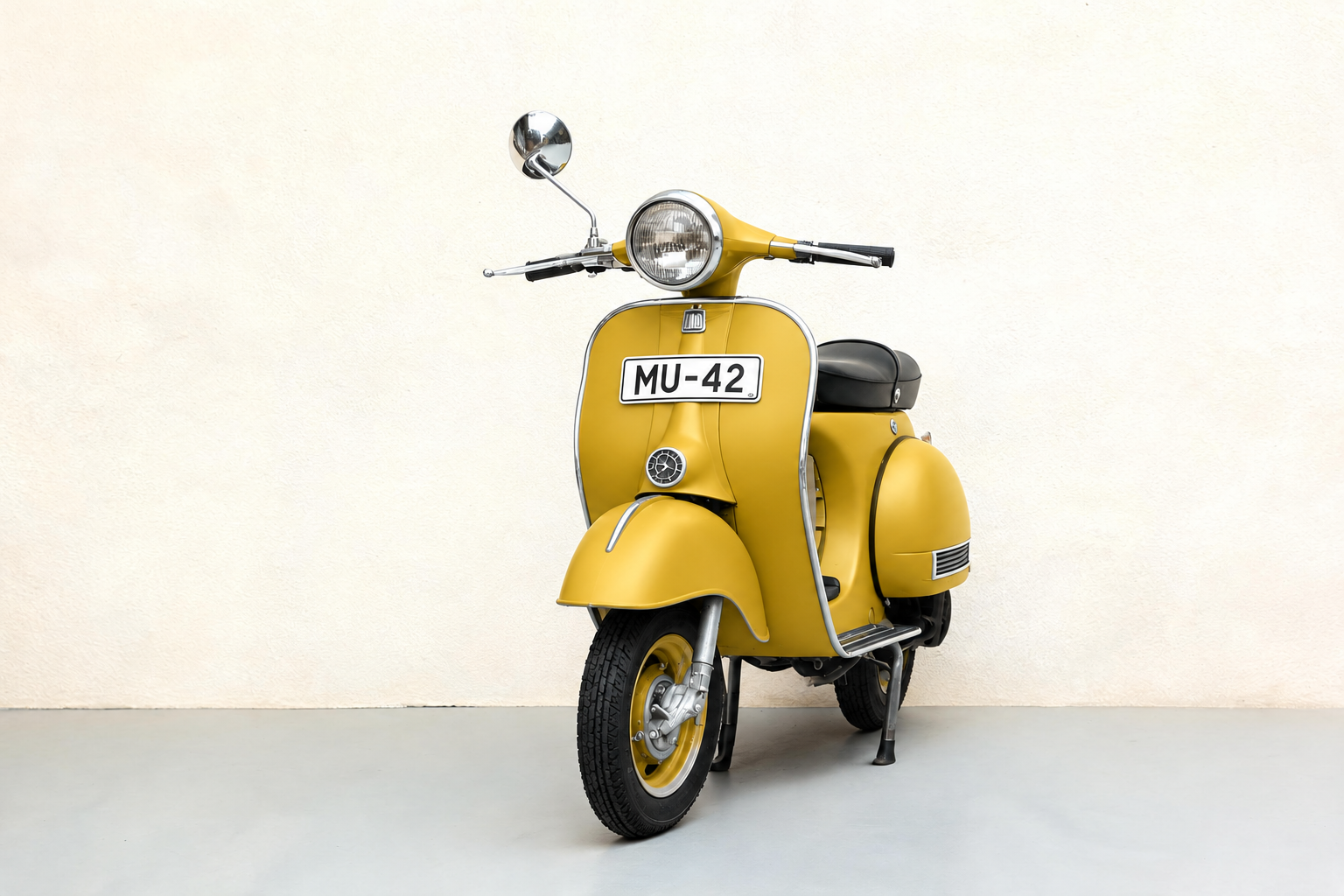 Recolor only the scooter's body panels to matte mustard yellow. Keep the chrome mirror, chrome headlight ring, handlebars, the white 'MU-42' number plate, the…