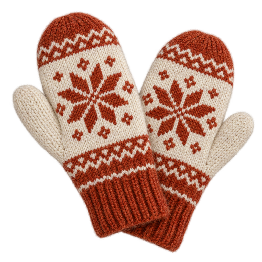 A pair of hand-knitted wool mittens with a Nordic snowflake pattern in cream and rust, laid flat and slightly overlapping, soft fuzzy wool texture, isolated on…