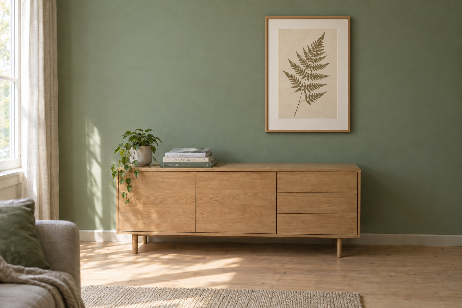 Hang a single large framed botanical print on the bare wall — a dried fern study on cream paper in a slim oak frame with a wide mount. Match the room's soft mo…