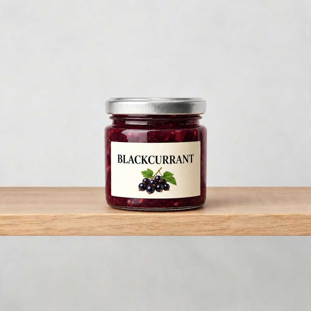 Using the reference photo, change only the label: replace the word 'STRAWBERRY' with 'BLACKCURRANT' and replace the three red strawberries with a cluster of da…