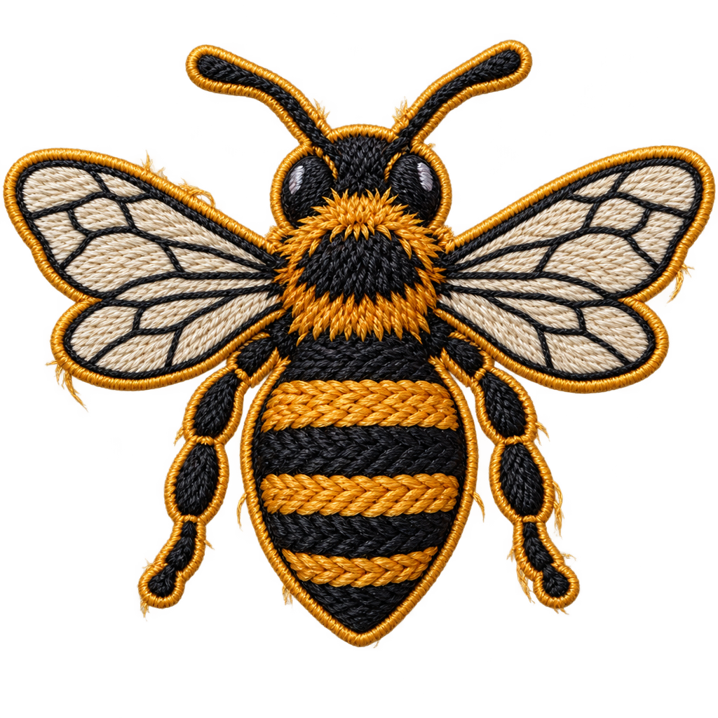 A single hand-embroidered iron-on patch shaped like a honeybee, dense chain-stitch texture in black and amber thread, a raised merrowed border, and a few fraye…