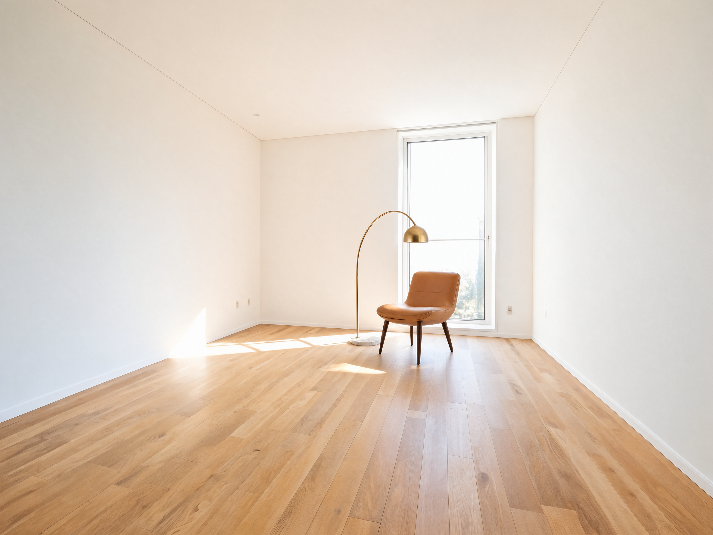 Furnish the empty room in image 1 with the tan leather chair from image 2 and the brass arc lamp from image 3, placing the chair by the window and the lamp arc…